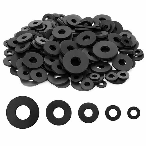 200 PCS Black Rubber Gasket, 10/12/16/20/25mm Flat Rubber Washers Assortment Kit Black Vibration Absorbing Pads Sealing Rubbers Flat Washers for Faucets/Bolts/Screws/Garden Hose/Plumbing/Shower Head in Kuwait