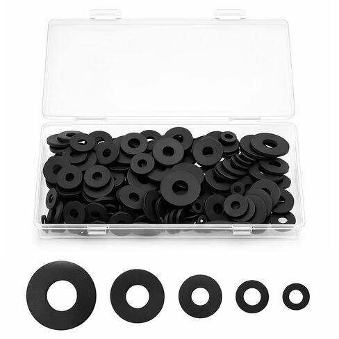 200 PCS Black Rubber Gasket, 10/12/16/20/25mm Flat Rubber Washers Assortment Kit Black Vibration Absorbing Pads Sealing Rubbers Flat Washers for Faucets/Bolts/Screws/Garden Hose/Plumbing/Shower Head in Kuwait