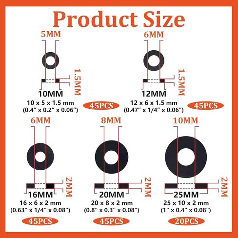 200 PCS Black Rubber Gasket, 10/12/16/20/25mm Flat Rubber Washers Assortment Kit Black Vibration Absorbing Pads Sealing Rubbers Flat Washers for Faucets/Bolts/Screws/Garden Hose/Plumbing/Shower Head in Kuwait