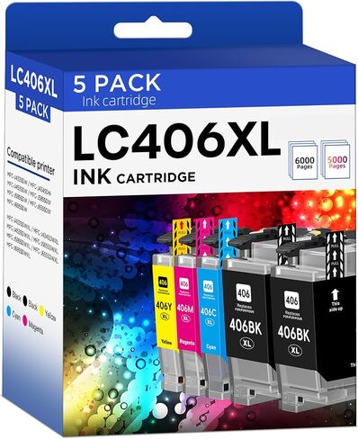 LC406XL LC406 Ink Cartridges for Brother LC 406XL LC 406 XL for MFC-J4335DW MFC-J5855DW MFC-J6555DW MFC-J4535DW MFC-J6955DW MFC-J4345DW MFC-J5955DW Printer (5 Pack, 2 Black, Cyan, Magenta, Yellow) in Saudi Arabia