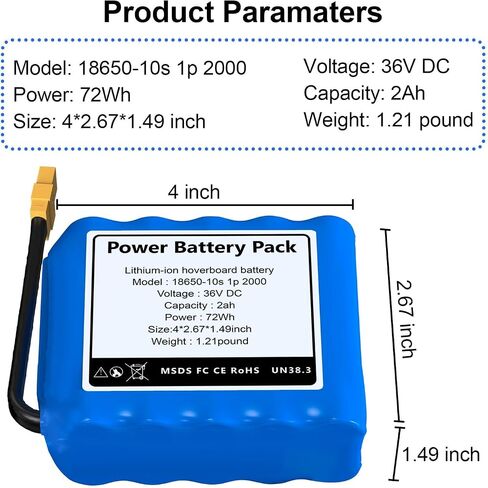 36V Hoverboard Battery Replacement 36v 2Ah 72Wh H￵￵Over￵￵Board Rechargeable Battery Pack for Hover-1/Jetson Replacement Battery with BMS, Size:4 * 2.67 * 1.49in in Kuwait