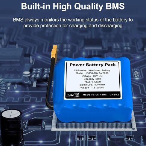 36V Hoverboard Battery Replacement 36v 2Ah 72Wh H￵￵Over￵￵Board Rechargeable Battery Pack for Hover-1/Jetson Replacement Battery with BMS, Size:4 * 2.67 * 1.49in in Kuwait