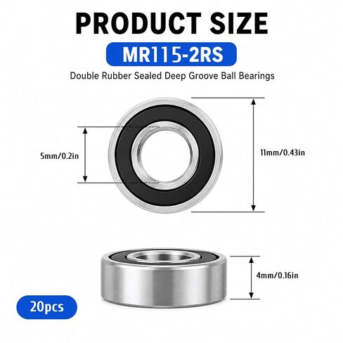 20 قطعة MR115-2RS 5x11x4 مللي متر محامل كروية | محامل كروية دقيقة بديلة منخفضة الضوضاء ومحامل عالية السرعة من الفولاذ الكروم للسيارات/الطائرات/الطائرات بدون طيار/الروبوتات in Kuwait