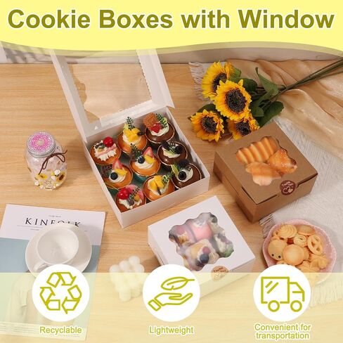 Jollidecor 24 قطعة من صناديق البسكويت مع نافذة، 6x6x3 بوصة و8x8x2.5 بوصة صناديق مخبز للشوكولاتة الفراولة، الكعك، الحلويات، الكوكيز، المعكرون، الكعك الصغير in Kuwait