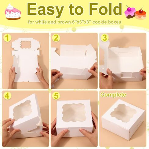 Jollidecor 24 قطعة من صناديق البسكويت مع نافذة، 6x6x3 بوصة و8x8x2.5 بوصة صناديق مخبز للشوكولاتة الفراولة، الكعك، الحلويات، الكوكيز، المعكرون، الكعك الصغير in Kuwait