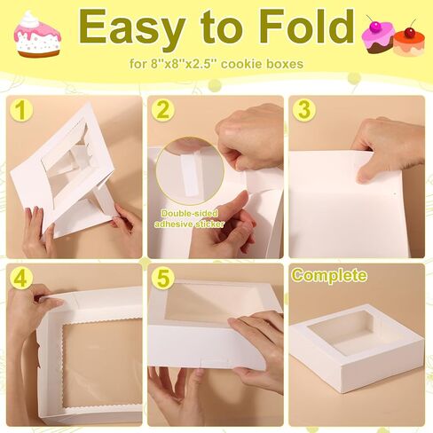 Jollidecor 24 قطعة من صناديق البسكويت مع نافذة، 6x6x3 بوصة و8x8x2.5 بوصة صناديق مخبز للشوكولاتة الفراولة، الكعك، الحلويات، الكوكيز، المعكرون، الكعك الصغير in Kuwait
