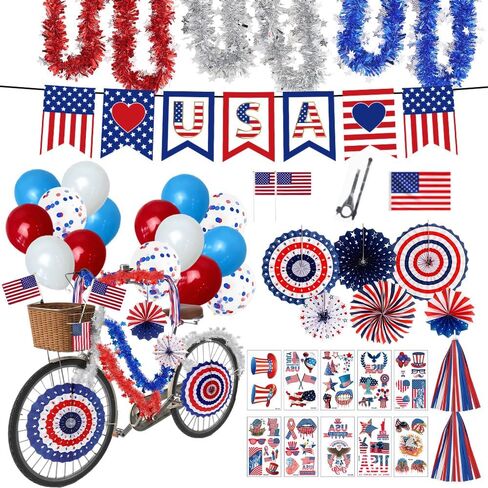 EUOYUFO 4th of July Bike Decorations Kit Include Flag Banners Ppaer Fans Bike Streamers Tassel Color Bar Temporary Tattoo Balloons Patriotic Parade Bicycle Decor for Independence Day Memorial Day in Kuwait