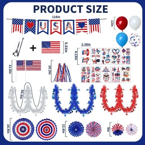 EUOYUFO 4th of July Bike Decorations Kit Include Flag Banners Ppaer Fans Bike Streamers Tassel Color Bar Temporary Tattoo Balloons Patriotic Parade Bicycle Decor for Independence Day Memorial Day in Kuwait