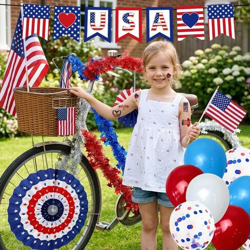 EUOYUFO 4th of July Bike Decorations Kit Include Flag Banners Ppaer Fans Bike Streamers Tassel Color Bar Temporary Tattoo Balloons Patriotic Parade Bicycle Decor for Independence Day Memorial Day in Kuwait