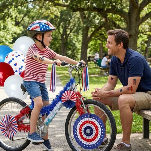 EUOYUFO 4th of July Bike Decorations Kit Include Flag Banners Ppaer Fans Bike Streamers Tassel Color Bar Temporary Tattoo Balloons Patriotic Parade Bicycle Decor for Independence Day Memorial Day in Kuwait