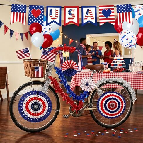 EUOYUFO 4th of July Bike Decorations Kit Include Flag Banners Ppaer Fans Bike Streamers Tassel Color Bar Temporary Tattoo Balloons Patriotic Parade Bicycle Decor for Independence Day Memorial Day in Kuwait
