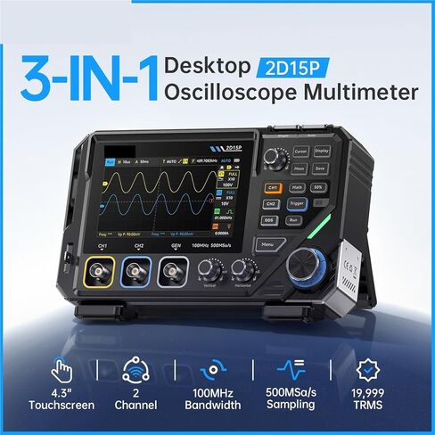 2D15P 3-in-1 Digital Oscilloscope Multimeter Signal Generator 2Channel 100MHz Bandwidth 20000 Counts 500MSa/s SG 10MHz in Kuwait
