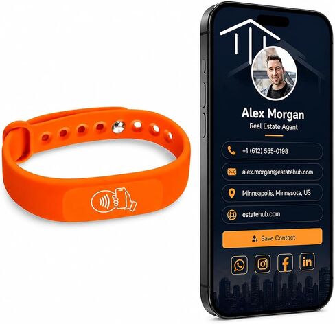 اضغط على بطاقة الأعمال الرقمية NFC معصمه، برتقالي، عبوة واحدة | اضغط على NFC & Scan QR Code، بدون رسوم، بدون اشتراك، يعمل على iPhone، ويعمل على Android in Kuwait