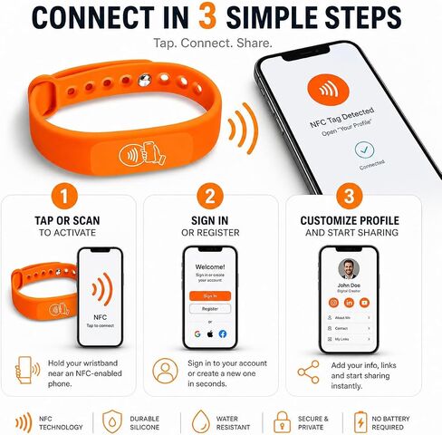 اضغط على بطاقة الأعمال الرقمية NFC معصمه، برتقالي، عبوة واحدة | اضغط على NFC & Scan QR Code، بدون رسوم، بدون اشتراك، يعمل على iPhone، ويعمل على Android in Kuwait