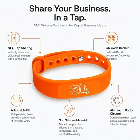 اضغط على بطاقة الأعمال الرقمية NFC معصمه، برتقالي، عبوة واحدة | اضغط على NFC & Scan QR Code، بدون رسوم، بدون اشتراك، يعمل على iPhone، ويعمل على Android in Kuwait