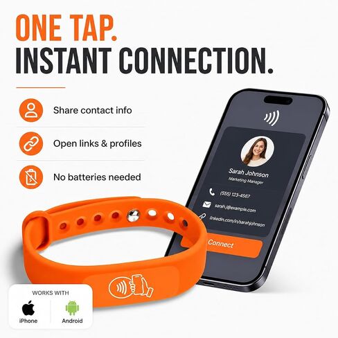 اضغط على بطاقة الأعمال الرقمية NFC معصمه، برتقالي، عبوة واحدة | اضغط على NFC & Scan QR Code، بدون رسوم، بدون اشتراك، يعمل على iPhone، ويعمل على Android in Kuwait