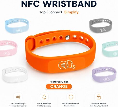 اضغط على بطاقة الأعمال الرقمية NFC معصمه، برتقالي، عبوة واحدة | اضغط على NFC & Scan QR Code، بدون رسوم، بدون اشتراك، يعمل على iPhone، ويعمل على Android in Kuwait