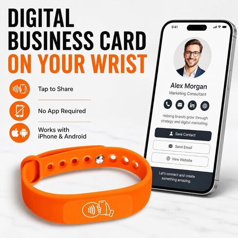 اضغط على بطاقة الأعمال الرقمية NFC معصمه، برتقالي، عبوة واحدة | اضغط على NFC & Scan QR Code، بدون رسوم، بدون اشتراك، يعمل على iPhone، ويعمل على Android in Kuwait