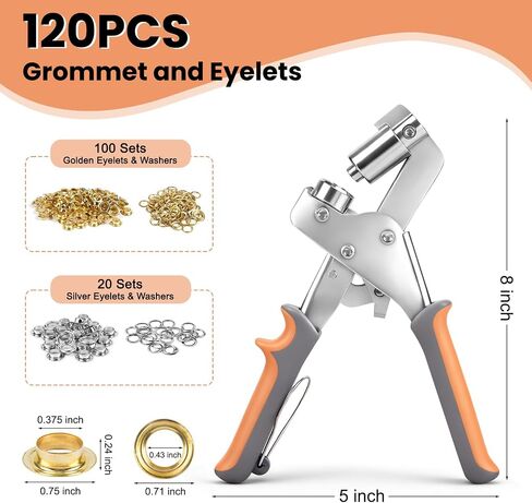 Grommet Tool Kit with 120 Sets 3/8 Inch 10mm Grommets Grommets Pucher Gold/Silver with Hole Punch and Eyelets, Eyelet Pliers Kit for Tarps, Tents, Canvas, Vinyl & Leather Crafting in Kuwait