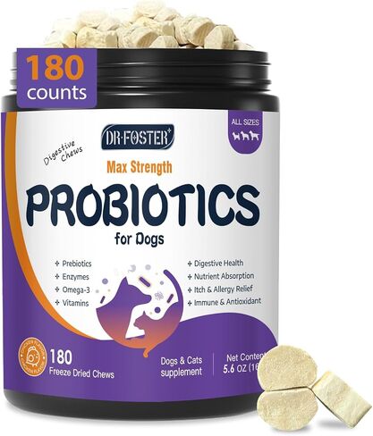 DRFOSTER Probiotics for Dogs, Freeze-Dried Dog Probiotics and Digestive Enzymes, Plus Omega-3 for Itchy Skin, Prebiotics for Digestive Health, Dog Vitamins and Supplements for Immune Health, 180 Bites in Saudi Arabia