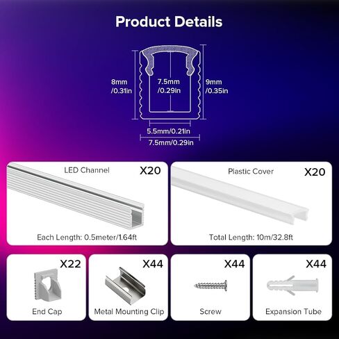 BTF-LIGHTING نظام قناة ألومنيوم LED بطول 1.64 قدم / 0.5 متر مع عدسة غطاء بيضاء حليبية، 20 حزمة من الألومنيوم الفضي على شكل حرف U، ناشر جانبي لمصابيح شريط LED 5 مم (بدون LED) in Kuwait
