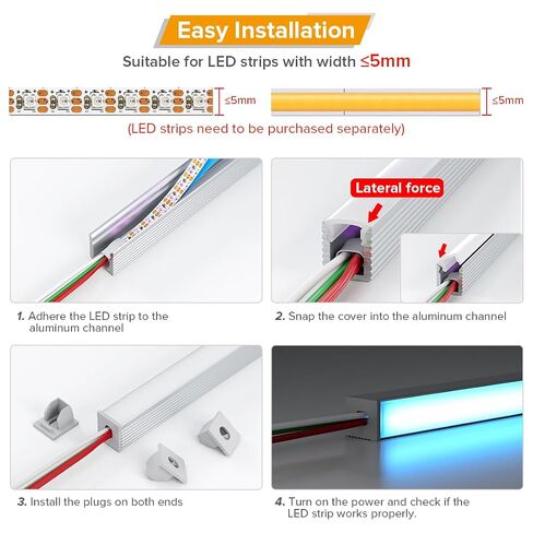 BTF-LIGHTING نظام قناة ألومنيوم LED بطول 1.64 قدم / 0.5 متر مع عدسة غطاء بيضاء حليبية، 20 حزمة من الألومنيوم الفضي على شكل حرف U، ناشر جانبي لمصابيح شريط LED 5 مم (بدون LED) in Kuwait