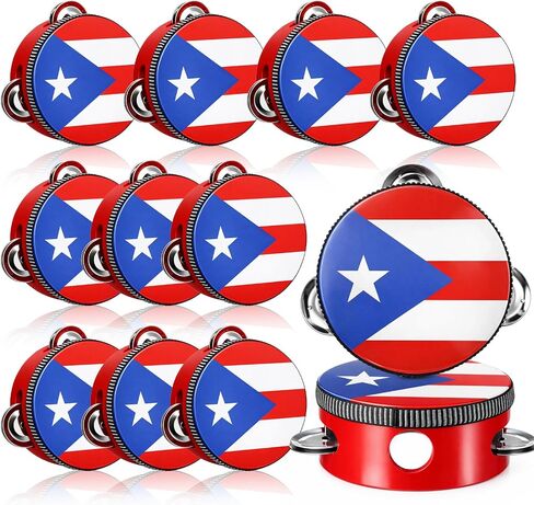 Nuanchu 12 Pack Puerto Rico Flag Tambourines 4 Inch Handheld Percussion Wood Frame Metal Jingles Mini Tambourine for Puerto Rican Festival Parrandas Three Kings Day Carnival Wedding Church Party Favor in Kuwait