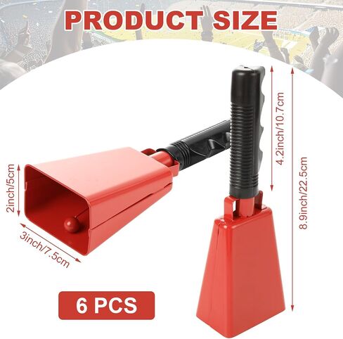 CertBuy Cowbell مع مقبض، 6 عبوات من أجراس البقر الحمراء الكبيرة مقاس 9 بوصة لألعاب كرة القدم، وصانعي الضوضاء الصلبة المصنوعة من الفولاذ المقاوم للصدأ وأدوات الإيقاع للأحداث الرياضية، والمدرسة، والهتاف in Kuwait