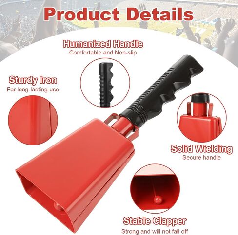 CertBuy Cowbell مع مقبض، 6 عبوات من أجراس البقر الحمراء الكبيرة مقاس 9 بوصة لألعاب كرة القدم، وصانعي الضوضاء الصلبة المصنوعة من الفولاذ المقاوم للصدأ وأدوات الإيقاع للأحداث الرياضية، والمدرسة، والهتاف in Kuwait