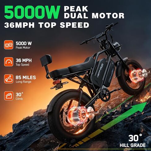 دراجة كهربائية بمحرك مزدوج HAPPYRUN G70 Pro بقدرة 5000 وات للبالغين، بطارية قابلة للإزالة 33 أمبير في الساعة، دراجة إلكترونية بإطار سميك 20 بوصة لجميع التضاريس، 85+ ميل، فرامل قرص هيدروليكي، للطرق الوعرة والتنقل in Kuwait
