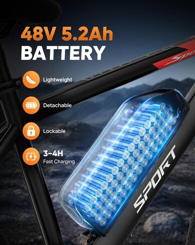 NAVIC Electric Bike for Adults, 350W Brushless Motor 26 Inch Ebike, 48V 5.2Ah Removable Battery Power for 16 Miles Range, 20 MPH Top Speed, 3 Riding Modes Front Suspension Commuter E Bicycle in Kuwait