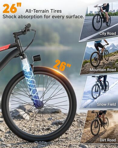 NAVIC Electric Bike for Adults, 350W Brushless Motor 26 Inch Ebike, 48V 5.2Ah Removable Battery Power for 16 Miles Range, 20 MPH Top Speed, 3 Riding Modes Front Suspension Commuter E Bicycle in Kuwait
