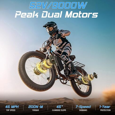 Qianchice 9000W Peak دراجة كهربائية ذات محرك مزدوج للبالغين والنساء والرجال والمراهقين، 52V36AH 26 بوصة دراجة كهربائية طويلة المدى بإطار سميك، دراجة كهربائية سريعة تصل إلى 45 ميل في الساعة للدراجة الإلكترونية الجبلية للركاب على الطرق الوعرة in Kuwait