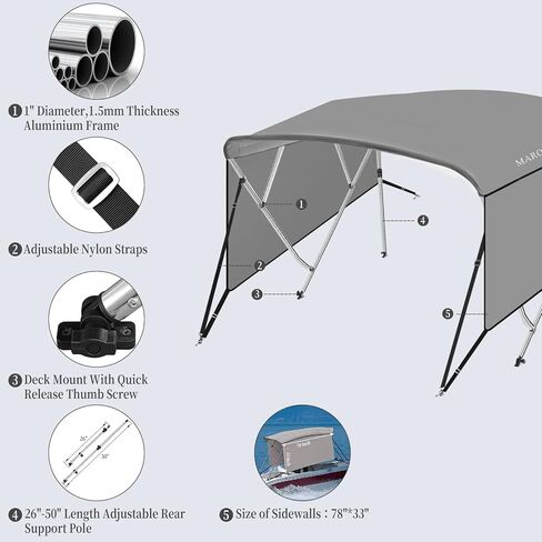 4 Bow Bimini Top for Boats 8ft Long, Boat Canopy with 1" Aluminum Frame, Zippered Curtains, Gray (8' L x 54" H x 91"-96" W) in Kuwait
