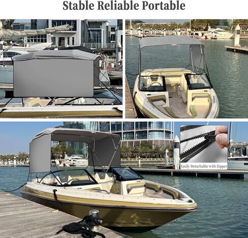 4 Bow Bimini Top for Boats 8ft Long, Boat Canopy with 1" Aluminum Frame, Zippered Curtains, Gray (8' L x 54" H x 91"-96" W) in Kuwait