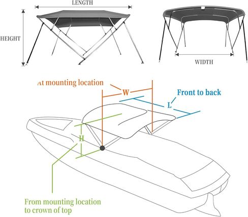 4 Bow Bimini Top for Boats 8ft Long, Boat Canopy with 1" Aluminum Frame, Zippered Curtains, Gray (8' L x 54" H x 91"-96" W) in Kuwait