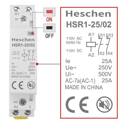 Heschen Modular Household AC Contactor HSR1-25/02 25A AC/DC 110V Coil 2 Pole 2NC Two Normally Closed 35mm DIN Rail Mount for Circuit Control in Kuwait