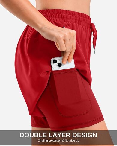 G Gradual 2 in 1 Running Shorts for Women 3" High Waisted Athletic Gym Tennis Workout Shorts with Liner 2 Zipper Pockets(Red,L3_L) in Kuwait