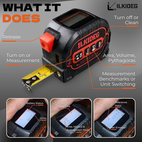4-in-1 Digital Laser Tape Measure - Multitool Pen, 196ft Laser Measuring Tool, 16ft Measuring Tape, Crosshair Line Laser Level, Area/Volume/Pythagorean, Woodworking Tools, DIY, Ft/Ft+in/in/M Unit, edc in Saudi Arabia