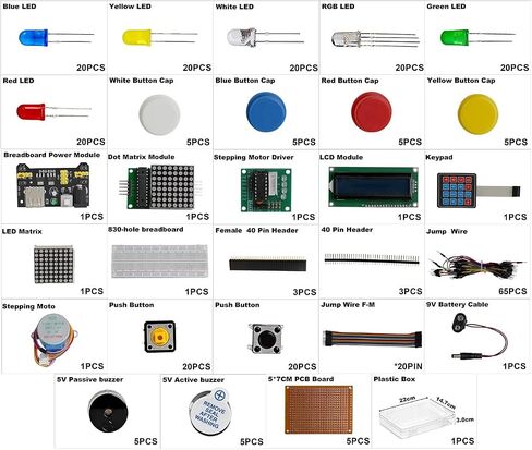 طقم لوح تجارب مكون من 294 قطعة مع وحدة إمداد الطاقة، ولوح توصيل 830 فتحة، وإضاءة LED، وأسلاك توصيل، ودبابيس صف واحد، ووحدة عرض، ولوحة PCB أحادية الجانب متوافقة مع Raspberry Pi in Kuwait