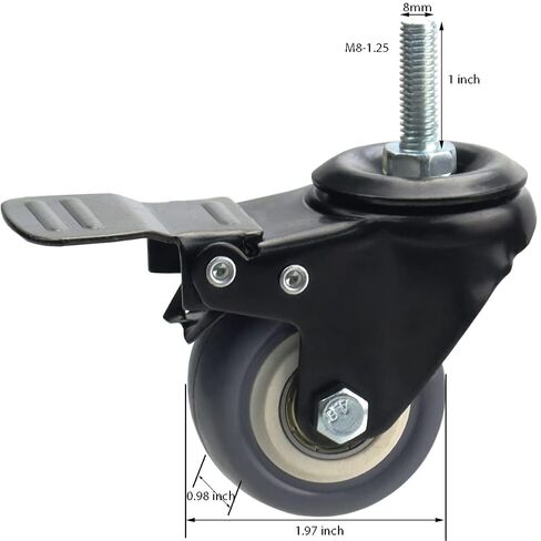 مجموعة عجلات دوارة مقاس 2 بوصة مكونة من 4 قطع، ساق متري M8-1.25 (قطر الترباس 8 مم، الطول: 1 بوصة) عجلات مطاطية ناعمة متينة مع آلية قفل مزدوجة، عجلات للسجاد والأرضيات الصلبة in Kuwait