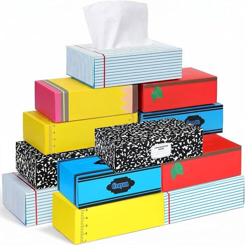Eaasty 12 Packs Classroom Tissues with Boxes Bulk 3 Ply 80 Sheets Tissues for Back to School Teacher Tissue Boxes with Pencil Notebook Apple Ruler Crayon Composition Book Designs Classroom Supplies in Kuwait
