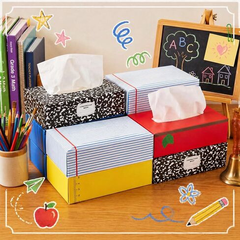 Eaasty 12 Packs Classroom Tissues with Boxes Bulk 3 Ply 80 Sheets Tissues for Back to School Teacher Tissue Boxes with Pencil Notebook Apple Ruler Crayon Composition Book Designs Classroom Supplies in Kuwait