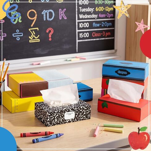 Eaasty 12 Packs Classroom Tissues with Boxes Bulk 3 Ply 80 Sheets Tissues for Back to School Teacher Tissue Boxes with Pencil Notebook Apple Ruler Crayon Composition Book Designs Classroom Supplies in Kuwait