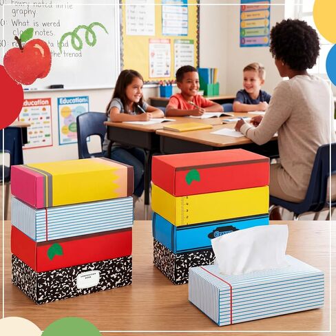 Eaasty 12 Packs Classroom Tissues with Boxes Bulk 3 Ply 80 Sheets Tissues for Back to School Teacher Tissue Boxes with Pencil Notebook Apple Ruler Crayon Composition Book Designs Classroom Supplies in Kuwait