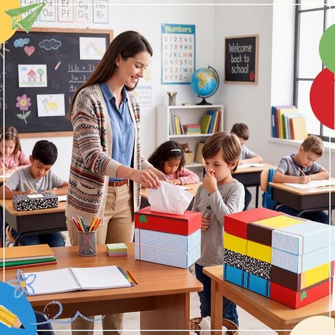 Eaasty 12 Packs Classroom Tissues with Boxes Bulk 3 Ply 80 Sheets Tissues for Back to School Teacher Tissue Boxes with Pencil Notebook Apple Ruler Crayon Composition Book Designs Classroom Supplies in Kuwait