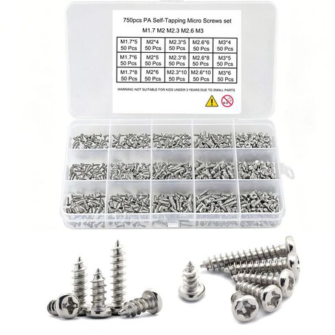 750 Pcs Small/Micro Self-Tapping Screws Set. Phillips Pan Head M1.7 M2 M2.3 M2.6 M3 Carbon Steel Small Self-Tapping Screws for Wood, Plastic and Soft Metal, DIY Furniture Box. in Kuwait