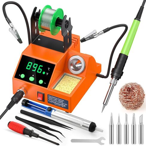 Soldering Station, 100W Digital Display Soldering Iron Station Kit with 2 Helping Hands, 356°F - 896°F, Auto Sleep, °C/°F Conversion, Solder Wire, Tips, Stand, Pump, Tweezers, Tip Cleaner, Green in Kuwait