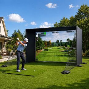 Golf Simulator Enclosure Net with HD Impact Screen, Heavy Duty Steel Frame, Side Shank Protection Nets, Sandbags, Indoor Garage Golf Hitting Net for Real Golf Balls in Kuwait