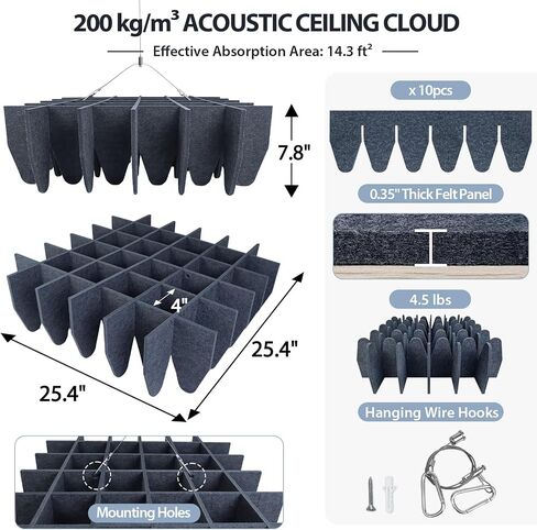 TroyStudio Acoustic Ceiling Tiles, 25.4"x25.4"x7.8" Dense Felt Hanging Drop Ceiling Panels with Egg-Shaped Waffle Design – Sound Absorbing Cloud for Office, Recording Studio, Restaurant in Kuwait